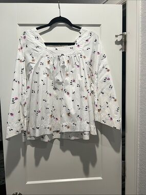 Madewell White Square-Neck Floral Peasant Blouse